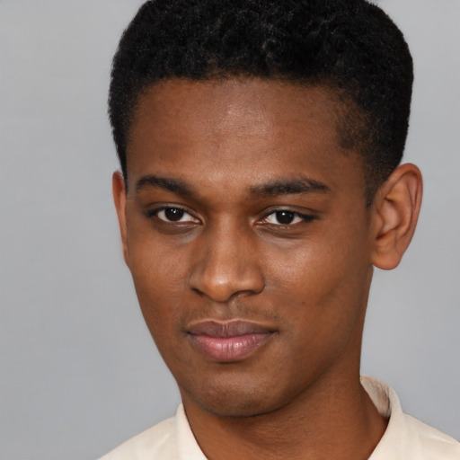 Neutral black young-adult male with short  black hair and brown eyes