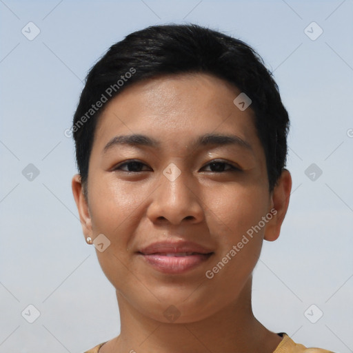 Joyful asian young-adult female with short  black hair and brown eyes