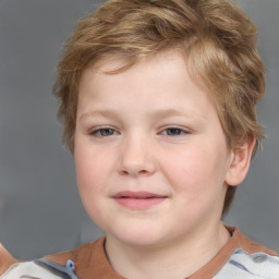 Joyful white child female with short  brown hair and grey eyes