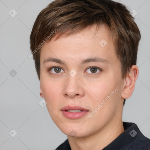 Neutral white young-adult male with short  brown hair and brown eyes