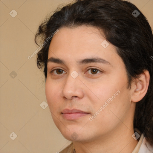 Joyful white young-adult male with medium  brown hair and brown eyes