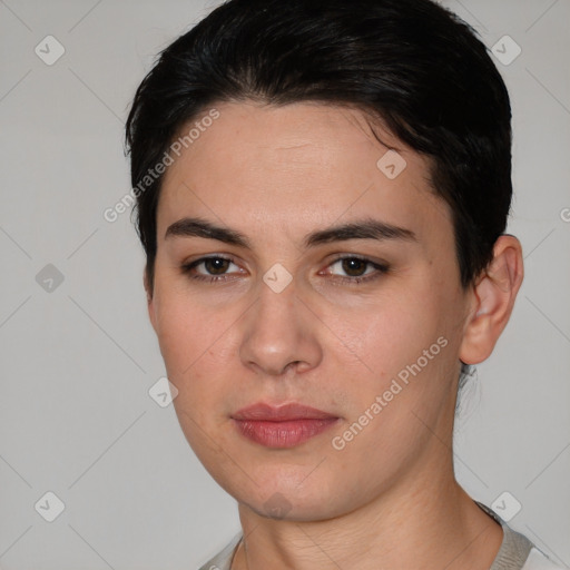 Joyful white young-adult female with short  brown hair and brown eyes