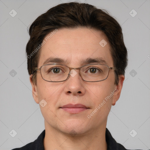 Joyful white adult male with short  brown hair and grey eyes