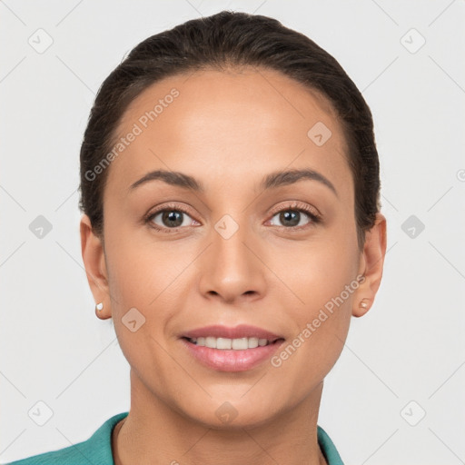 Joyful white young-adult female with short  brown hair and brown eyes