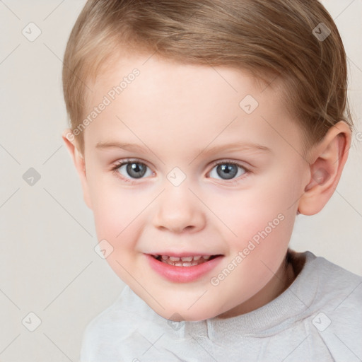 Joyful white child female with short  brown hair and brown eyes