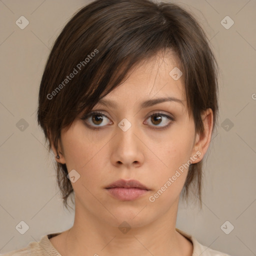 Neutral white young-adult female with medium  brown hair and brown eyes