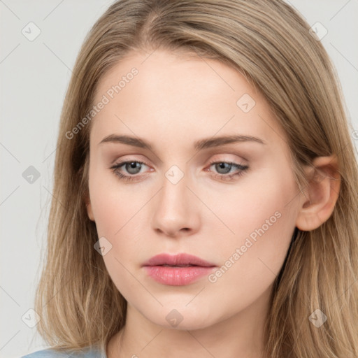 Neutral white young-adult female with long  brown hair and grey eyes