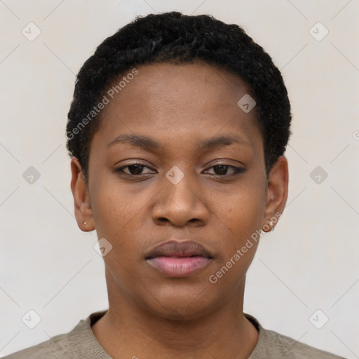 Neutral black young-adult female with short  black hair and brown eyes