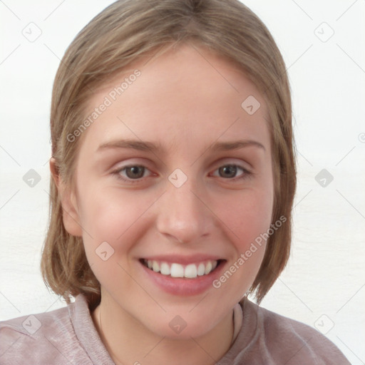 Joyful white young-adult female with medium  brown hair and blue eyes