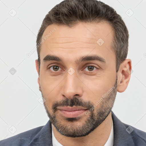 Neutral white young-adult male with short  brown hair and brown eyes