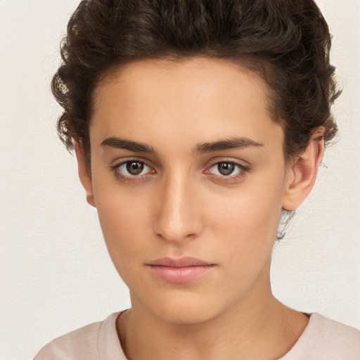 Neutral white young-adult female with medium  brown hair and brown eyes