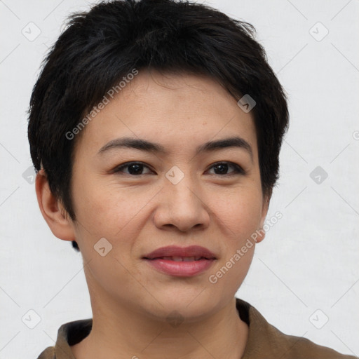 Joyful asian young-adult female with short  brown hair and brown eyes