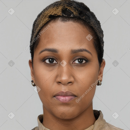 Neutral black young-adult female with short  brown hair and brown eyes