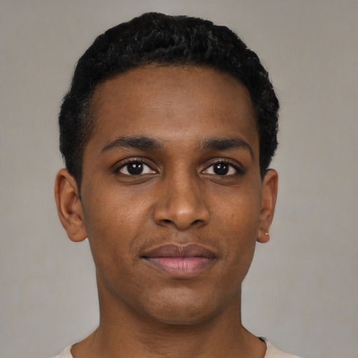 Neutral black young-adult male with short  black hair and brown eyes