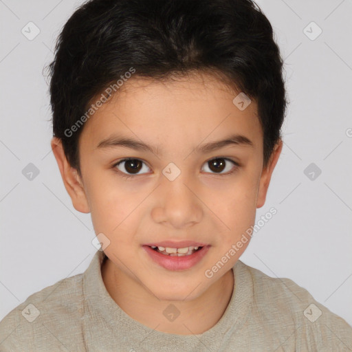 Joyful white child female with short  brown hair and brown eyes