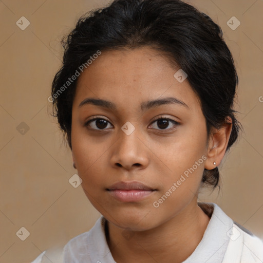 Neutral latino young-adult female with medium  brown hair and brown eyes