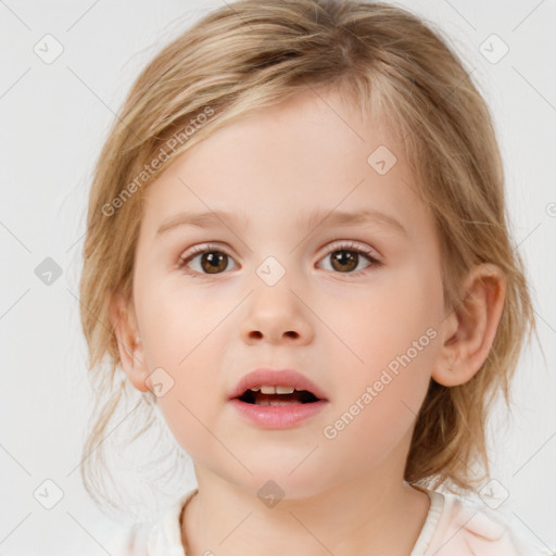 Neutral white child female with medium  brown hair and blue eyes