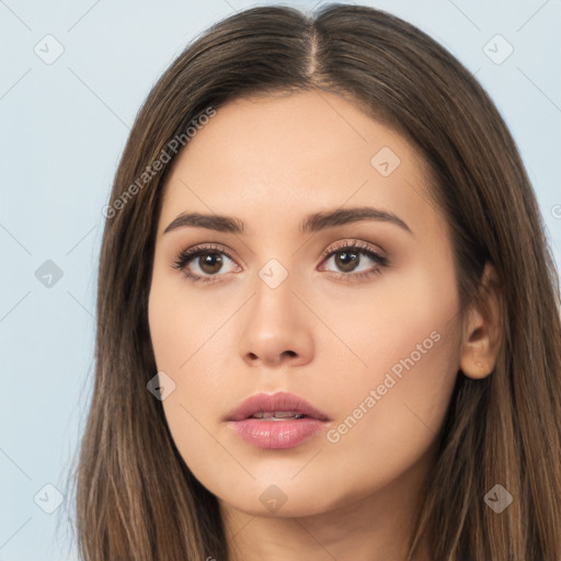 Neutral white young-adult female with long  brown hair and brown eyes