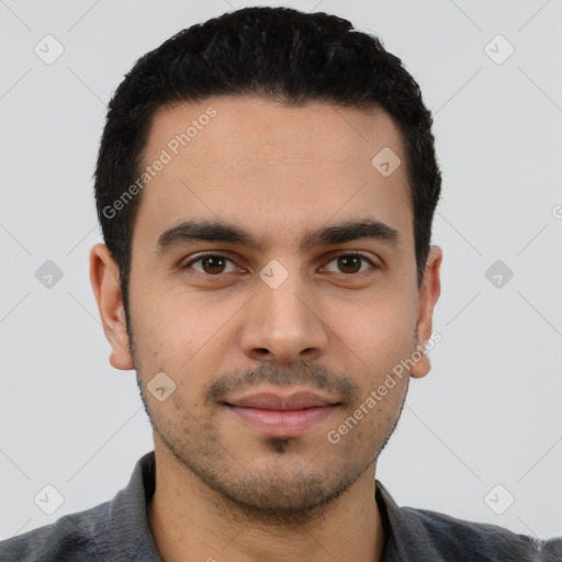 Neutral latino young-adult male with short  black hair and brown eyes