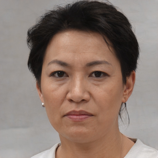 Joyful asian adult female with short  brown hair and brown eyes
