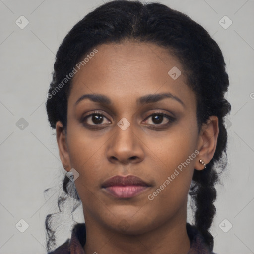 Neutral black young-adult female with short  black hair and brown eyes