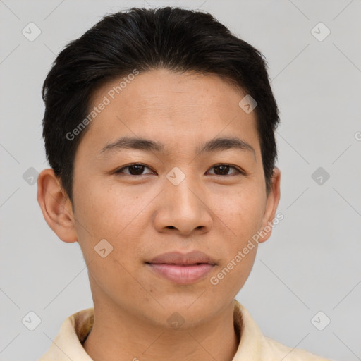 Joyful asian young-adult male with short  brown hair and brown eyes