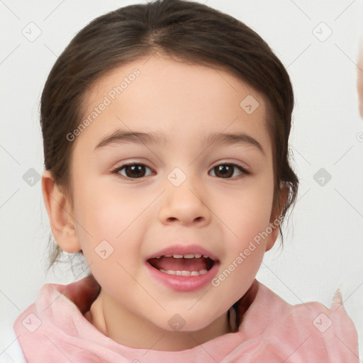 Joyful white child female with medium  brown hair and brown eyes