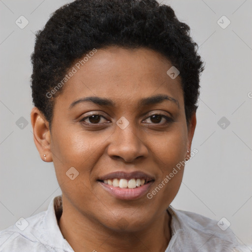 Joyful black young-adult female with short  brown hair and brown eyes