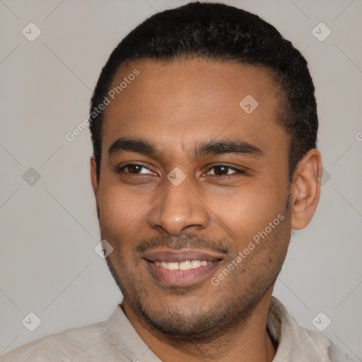 Joyful latino young-adult male with short  black hair and brown eyes