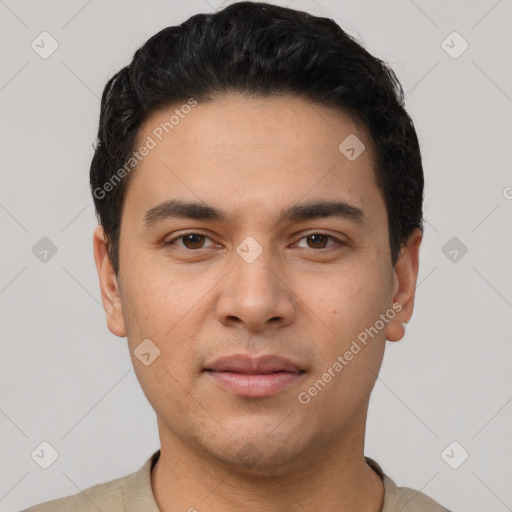 Neutral latino young-adult male with short  brown hair and brown eyes