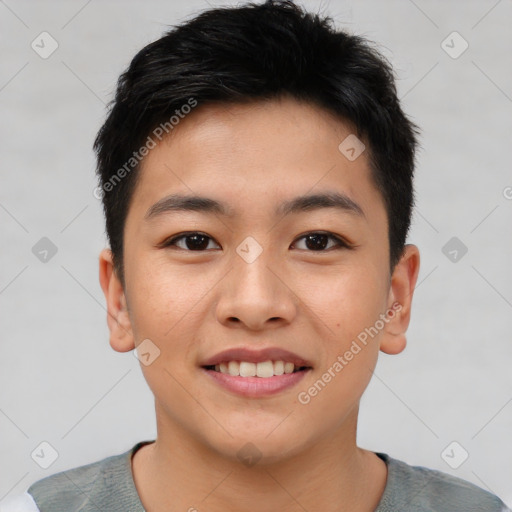Joyful asian young-adult male with short  brown hair and brown eyes