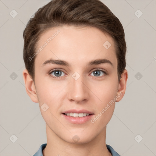 Joyful white young-adult female with short  brown hair and grey eyes