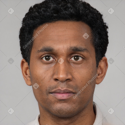 Neutral latino adult male with short  black hair and brown eyes