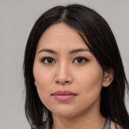 Neutral asian young-adult female with medium  black hair and brown eyes