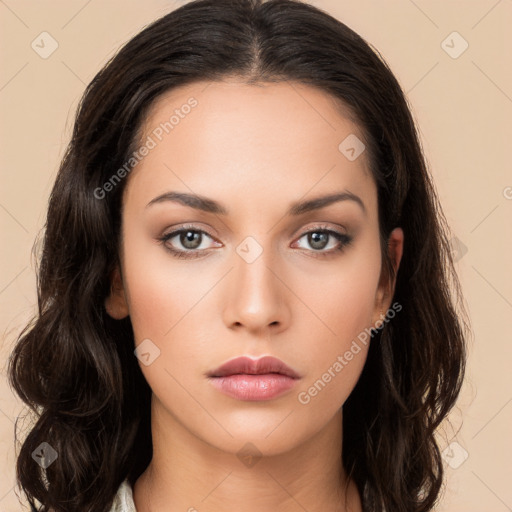 Neutral white young-adult female with long  brown hair and brown eyes