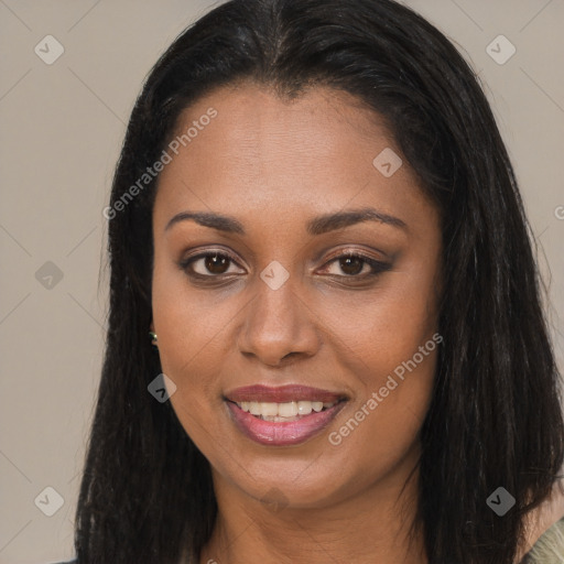 Joyful asian young-adult female with long  brown hair and brown eyes