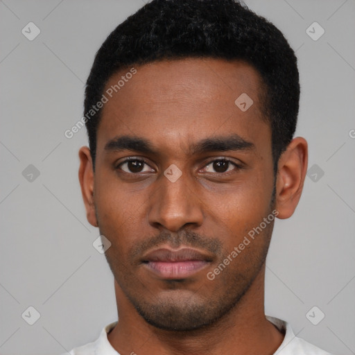 Neutral latino young-adult male with short  black hair and brown eyes