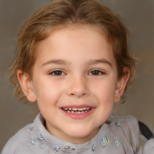 Joyful white child female with medium  brown hair and brown eyes