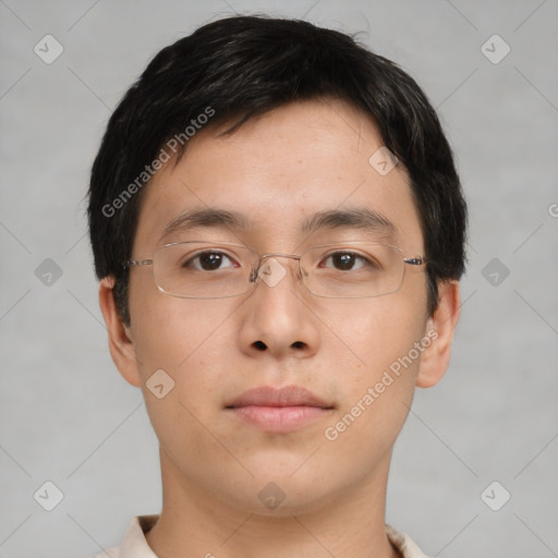 Neutral asian young-adult male with short  brown hair and brown eyes