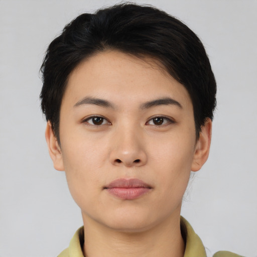 Neutral asian young-adult female with short  black hair and brown eyes