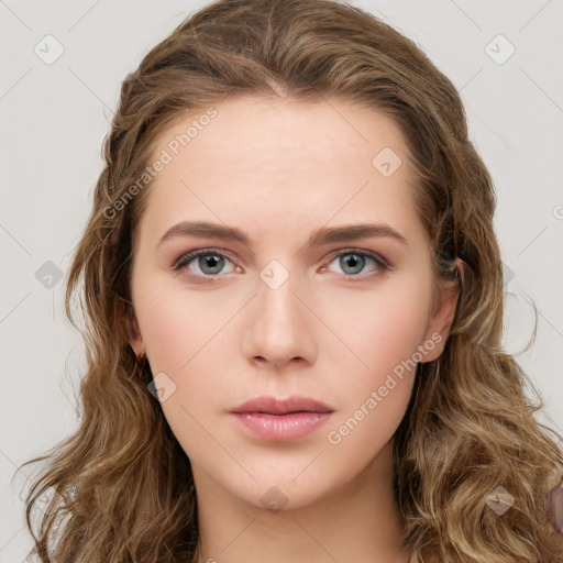 Neutral white young-adult female with long  brown hair and green eyes