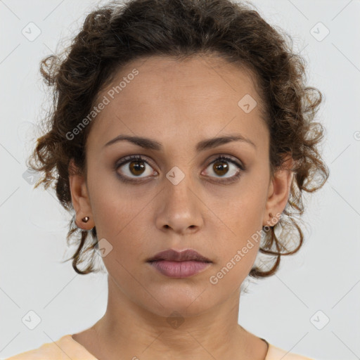 Neutral white young-adult female with short  brown hair and brown eyes