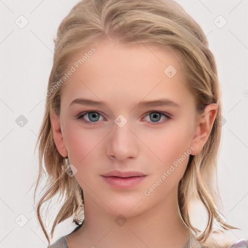 Neutral white child female with medium  brown hair and blue eyes