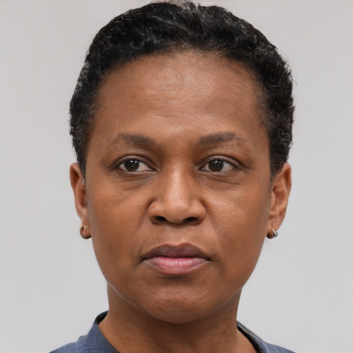Joyful black adult female with short  black hair and brown eyes