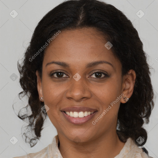 Joyful black young-adult female with medium  brown hair and brown eyes