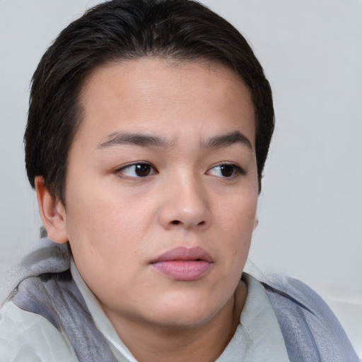Neutral white young-adult female with short  brown hair and brown eyes