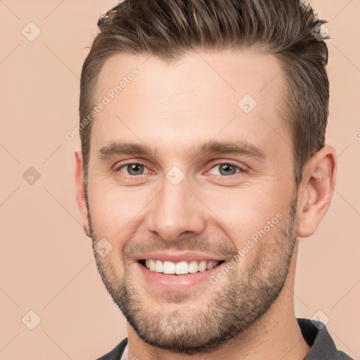 Joyful white young-adult male with short  brown hair and brown eyes