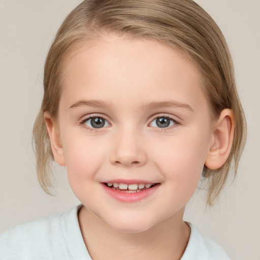 Joyful white child female with medium  brown hair and blue eyes