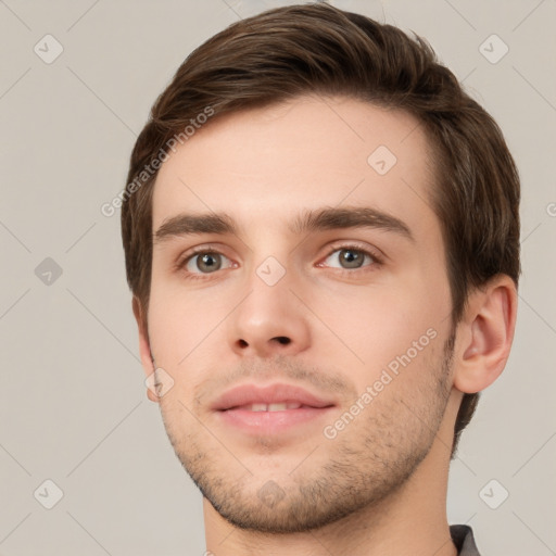 Neutral white young-adult male with short  brown hair and grey eyes