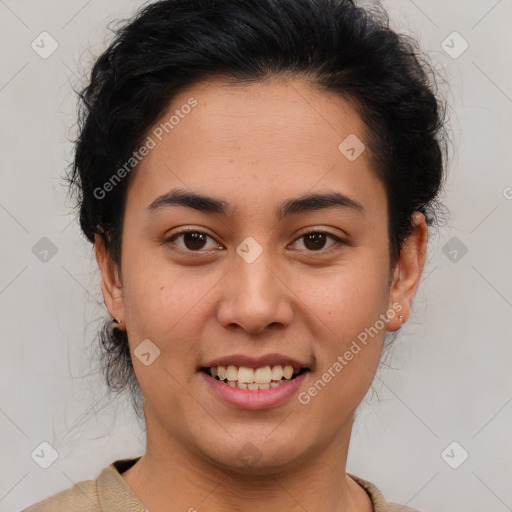 Joyful latino young-adult female with short  brown hair and brown eyes